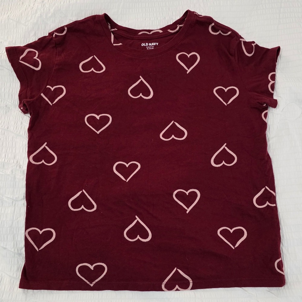 Old Navy Girls XL 14-16 Softest Tee Burgundy Maroon Pink Heart Print T-Shirt
